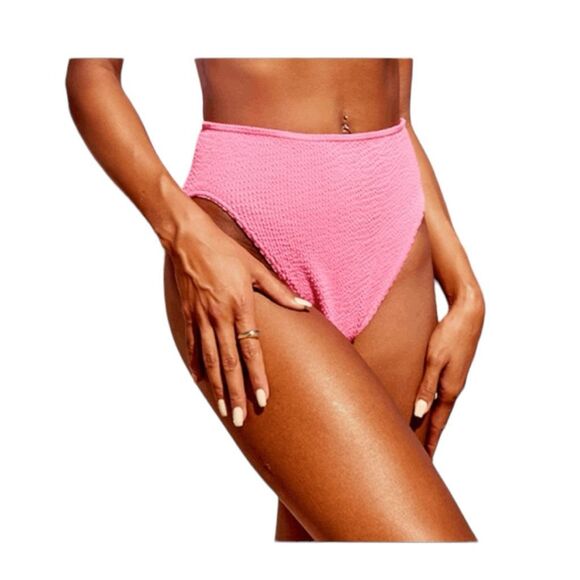 PrettyLittleThings High Waist Bikini Bottom Pink Crinkle Swim Coastal Swimsuit 4 - Picture 1 of 7